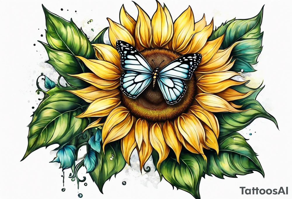 Sunflower with butterfly half leg sleeve tattoo idea
