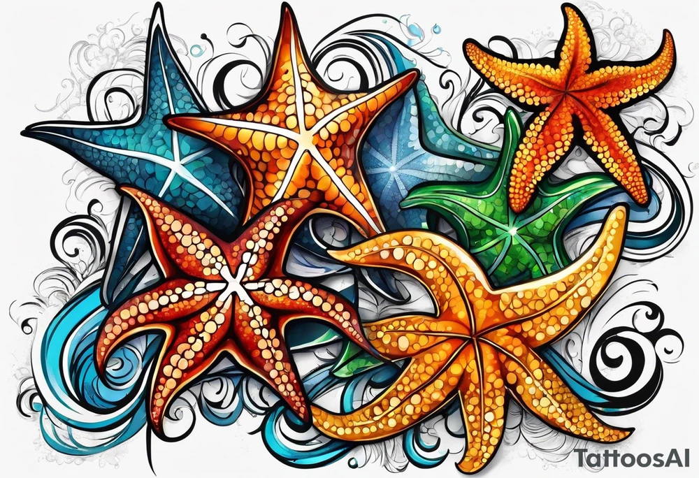 set of 3 star fish of with 3 different bright colors tattoo idea