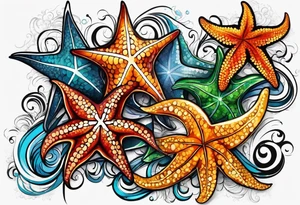 set of 3 star fish of with 3 different bright colors tattoo idea