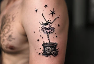 Tim Burton’s lanky ballerina dances on cracked music box gears in muted purples and pale grays. tattoo idea