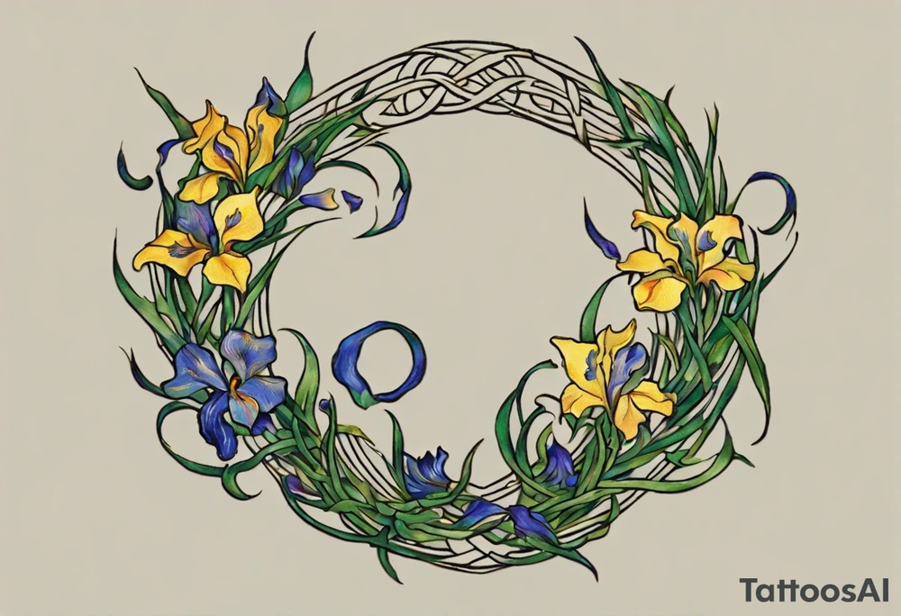 Create a small, colorful Vincent van Gogh Irises tattoo in the form of a crescent, with vines in Celtic knot style gracefully intertwining at a central point in the middle of the wreath. The intended placement is on the upper chest. The middle needs mountains. The overall design should be small in size while maintaining a delicate and artistic aesthetic. Pay attention to the graceful flow of the vines and the placement of the irises to achieve a refined and elegant look. tattoo idea