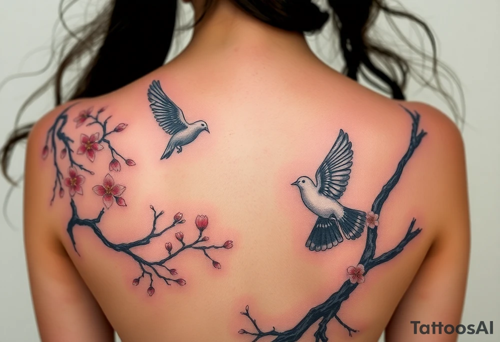 A big weeping, cherry blossom tree on the entire back, there are 2 doves. 1 is a flying into the sky. The second one is hovering above the ground that’s turning black like she stained with grief. Goth romance 
These are the dates I want dainty in the heavily overflow of weeping cherry blossom branches and leaves March 31, 2024 – July 2, 2024 tattoo idea