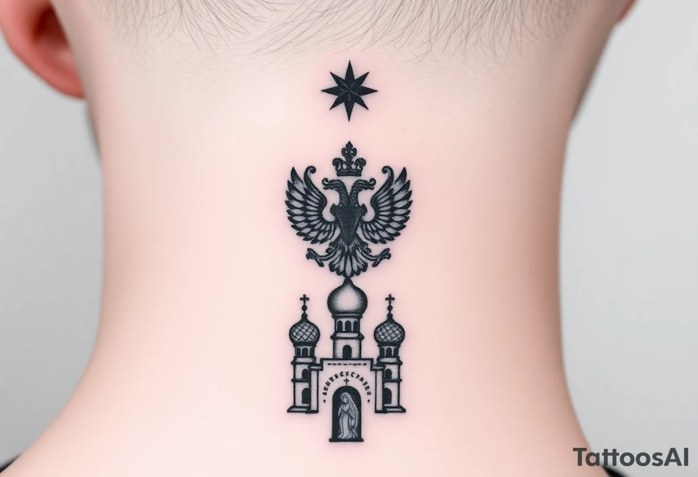 Stacked Vertical Column 

Russian star — small, bold
Middle: Miniature double-headed eagle — simplified, cleaner lines to suit the smaller space
Bottom: Orthodox church dome(s) with a small Virgin Mary silhouette beneath tattoo idea