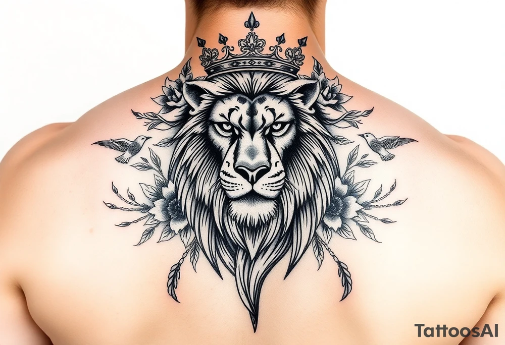 powerful majestic lion with a crown, surrounded by floral ornaments and birds tattoo idea