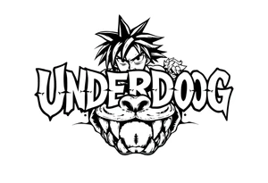 the word underdog with dog teeth connected to the bottom in a with 3 anime characters Ippo and Naruto and son Goku tattoo idea