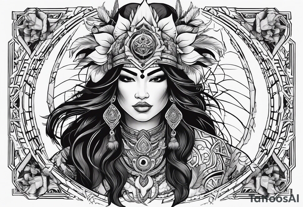 kali, valkrye, pirate, asian goddess, , warrior, native american, lotus, zenza resonance, skulls, dragon, pachamama, left side face, chest, right wing, tattoo idea