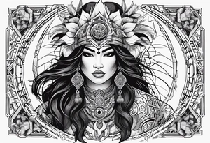 kali, valkrye, pirate, asian goddess, , warrior, native american, lotus, zenza resonance, skulls, dragon, pachamama, left side face, chest, right wing, tattoo idea