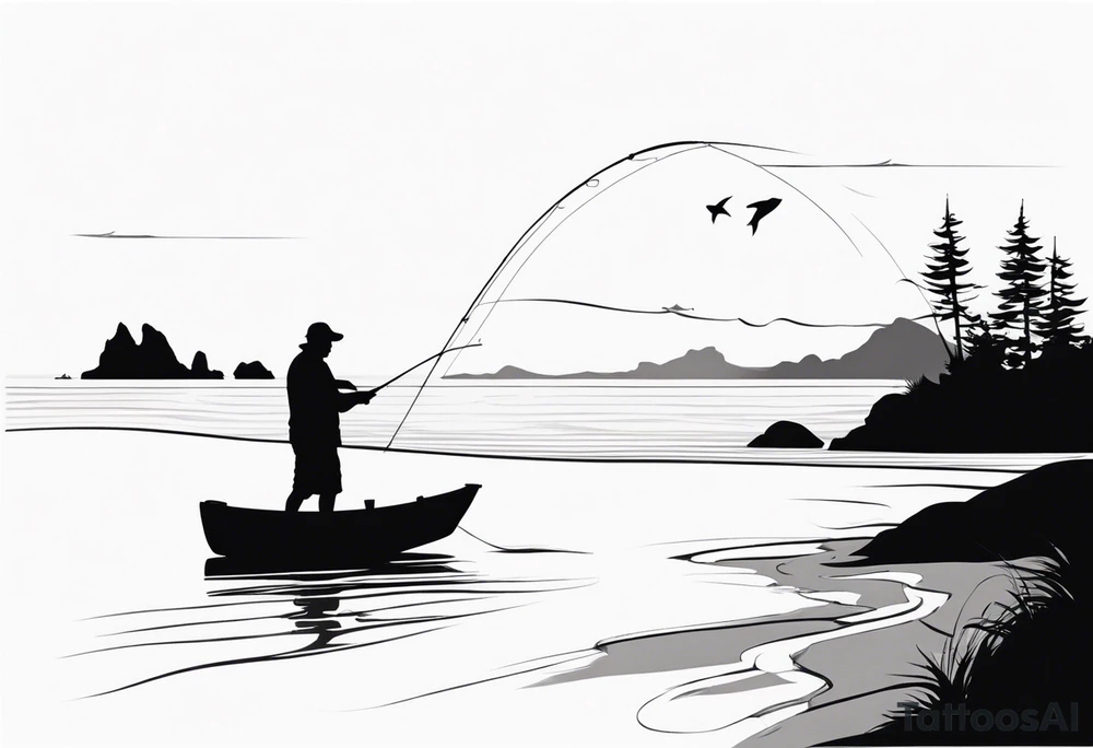 man fishing on a beach silhouette tattoo idea