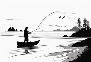 man fishing on a beach silhouette tattoo idea