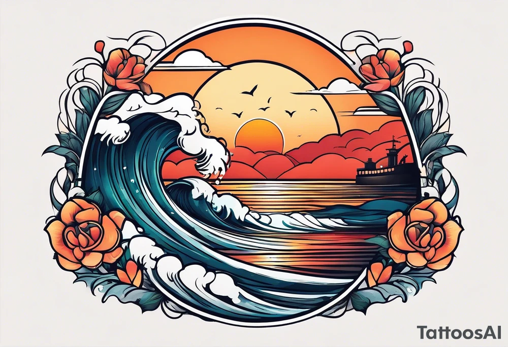 Round tattoo, inside sunset and sea with retro look tattoo idea
