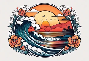 Round tattoo, inside sunset and sea with retro look tattoo idea