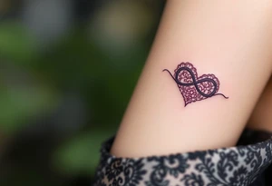 A lace-textured infinity outline in dark gray, with a soft burgundy heart sewn into the design. tattoo idea