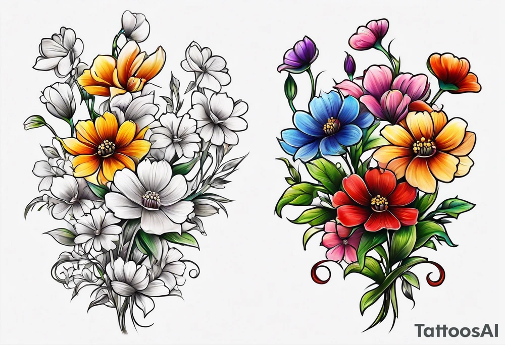 small long stem wildflower bouquet across foot tattoo idea