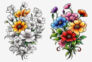 small long stem wildflower bouquet across foot tattoo idea