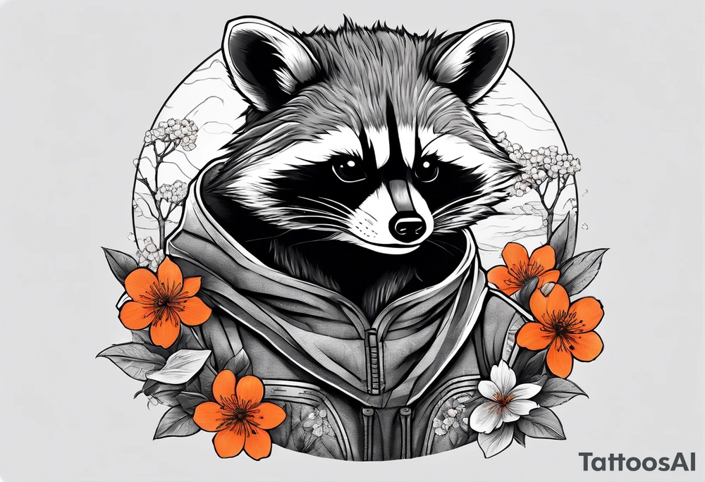 raccoon wearing a Superman hoodie with orange Japanese cherry blossoms tattoo idea