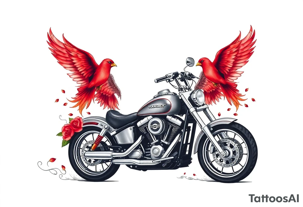 Harley grey motorcycle driving away, two red birds flying, roses, flames, angel wings tattoo idea