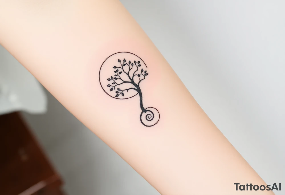 A tree inside of the sun, with little leaves, with an outward spiral line (moving to the right), as its roots. tattoo idea