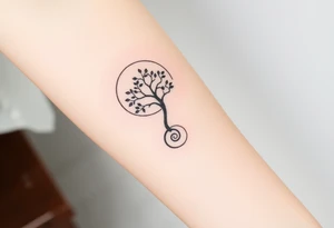 A tree inside of the sun, with little leaves, with an outward spiral line (moving to the right), as its roots. tattoo idea
