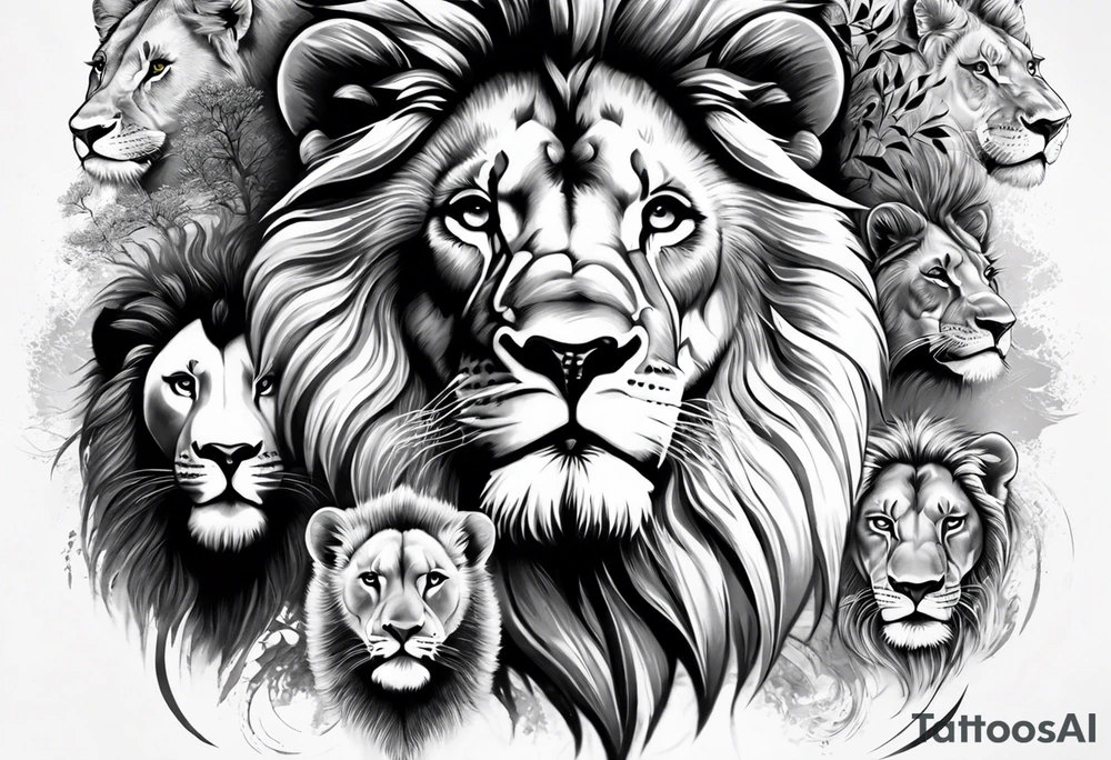 Full sleeve tattoo depicting a large lion protecting his lioness and 6 lion cubs. Background should depict a safari scene tattoo idea