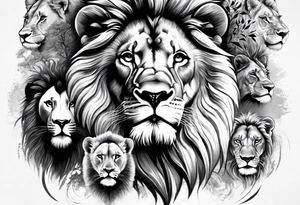 Full sleeve tattoo depicting a large lion protecting his lioness and 6 lion cubs. Background should depict a safari scene tattoo idea