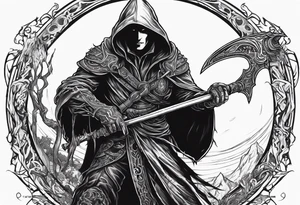 hooded human warlock holding a large scythe in 1 hand and raising a skeletal warrior under his other hand that is glowing tattoo idea