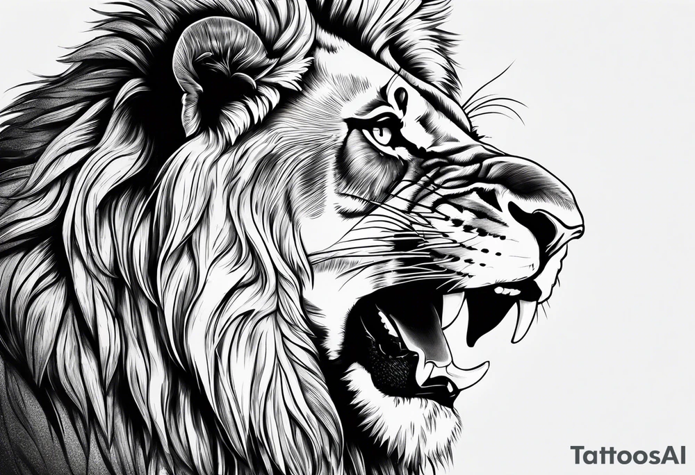 powerful lion, mouth opened, looking at left tattoo idea
