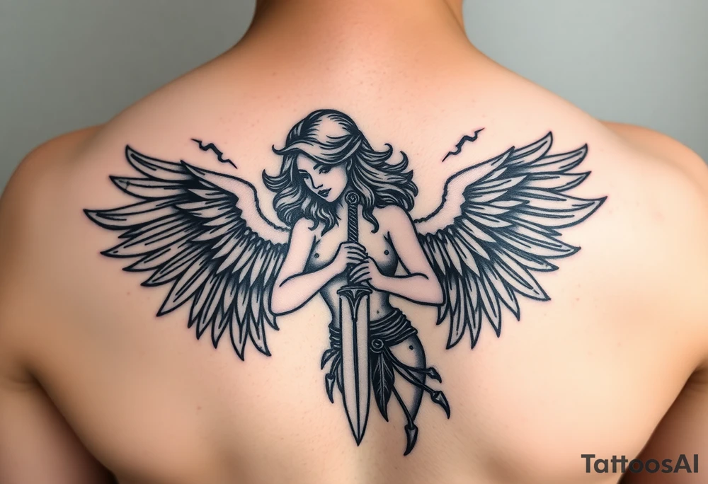 Fierce Female Angel warrior with dagger and lighting bolts going around body Greek mythology style with dark shading tattoo idea