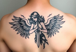 Fierce Female Angel warrior with dagger and lighting bolts going around body Greek mythology style with dark shading tattoo idea