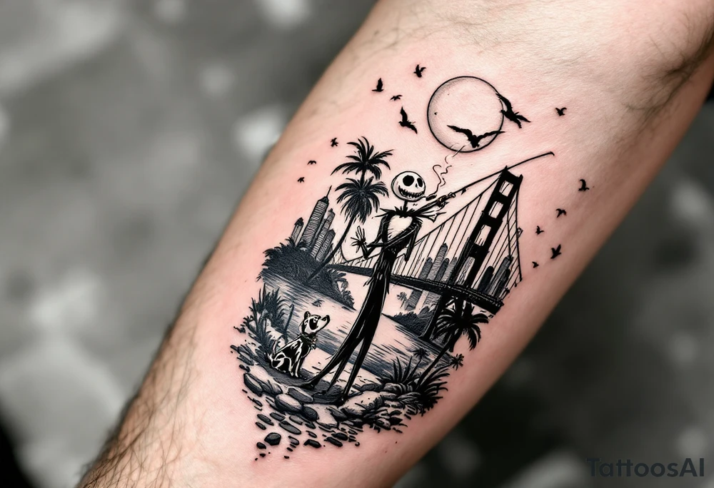jack skellington with dog,smoking a blunt and fishing,surrounded by city buildings,golden gate bridge, birds, palm trees, tattoo idea