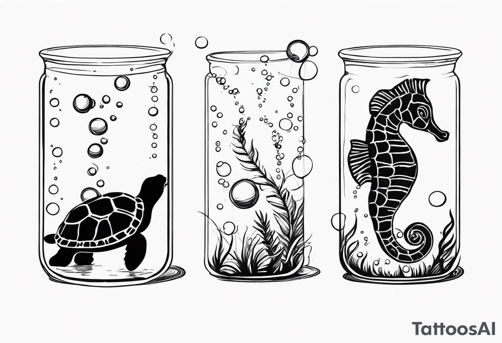 Small Starfish, Seahorse and turtle in a vertical line with bubbles tattoo idea