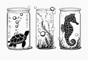 Small Starfish, Seahorse and turtle in a vertical line with bubbles tattoo idea
