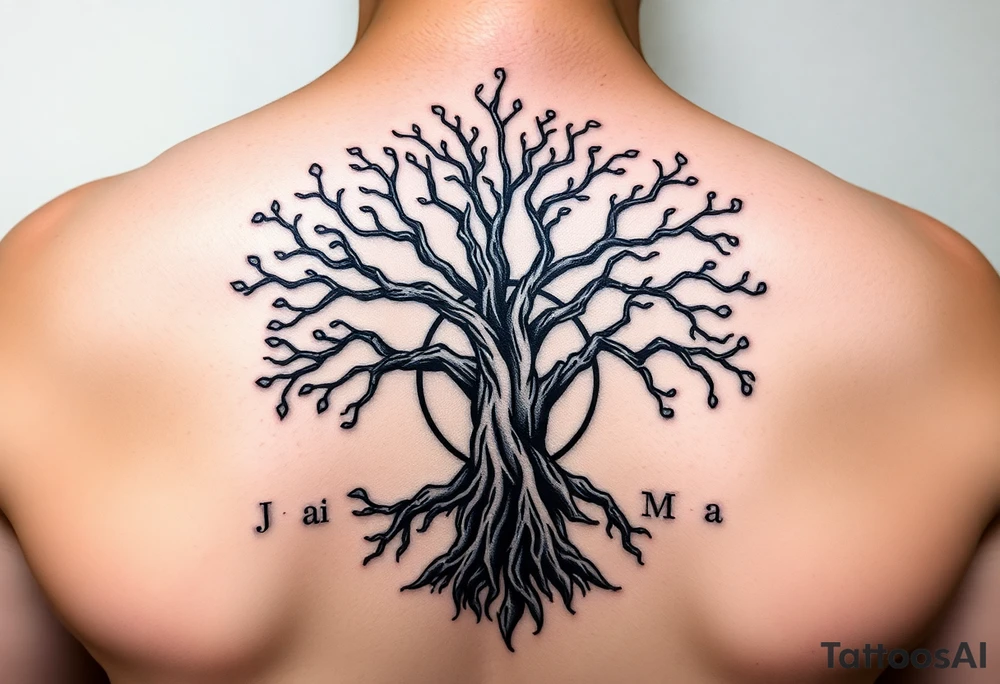 yggadrisl tree of life with circle. names Jai , Phoebe, Imogen, Matilda in the circle tattoo idea