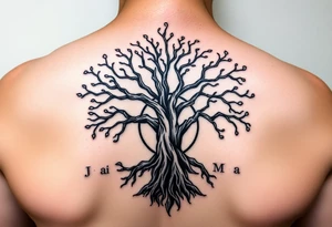 yggadrisl tree of life with circle. names Jai , Phoebe, Imogen, Matilda in the circle tattoo idea