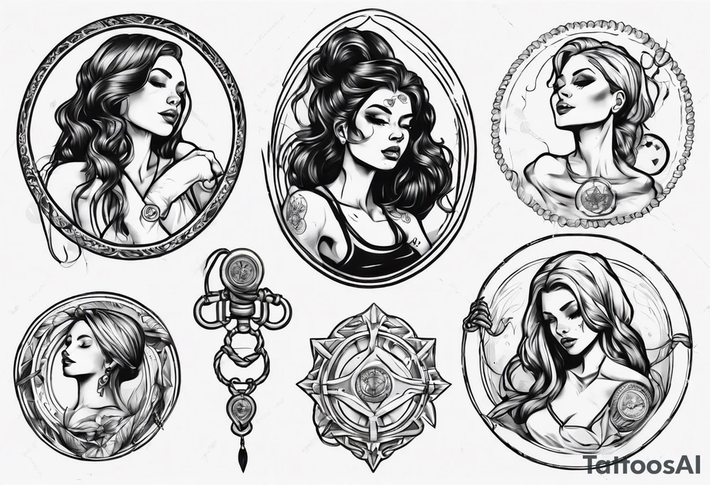 woman arm holding medallion with rope tattoo idea