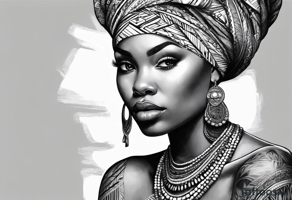 mulher iemanjá africana em preto e cinza com conchas, fundo da imagem com tons de azul tattoo idea
