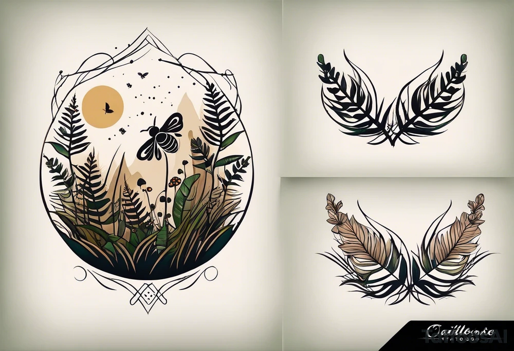 minimalistic forest floor inspired tattoo, which includes grass, moss, curly ferns and dead leaves as the bulk of the tattoo. details to include: forest berries, couple of very small brown mushrooms, a tiny bumblebee flying nearby tattoo idea