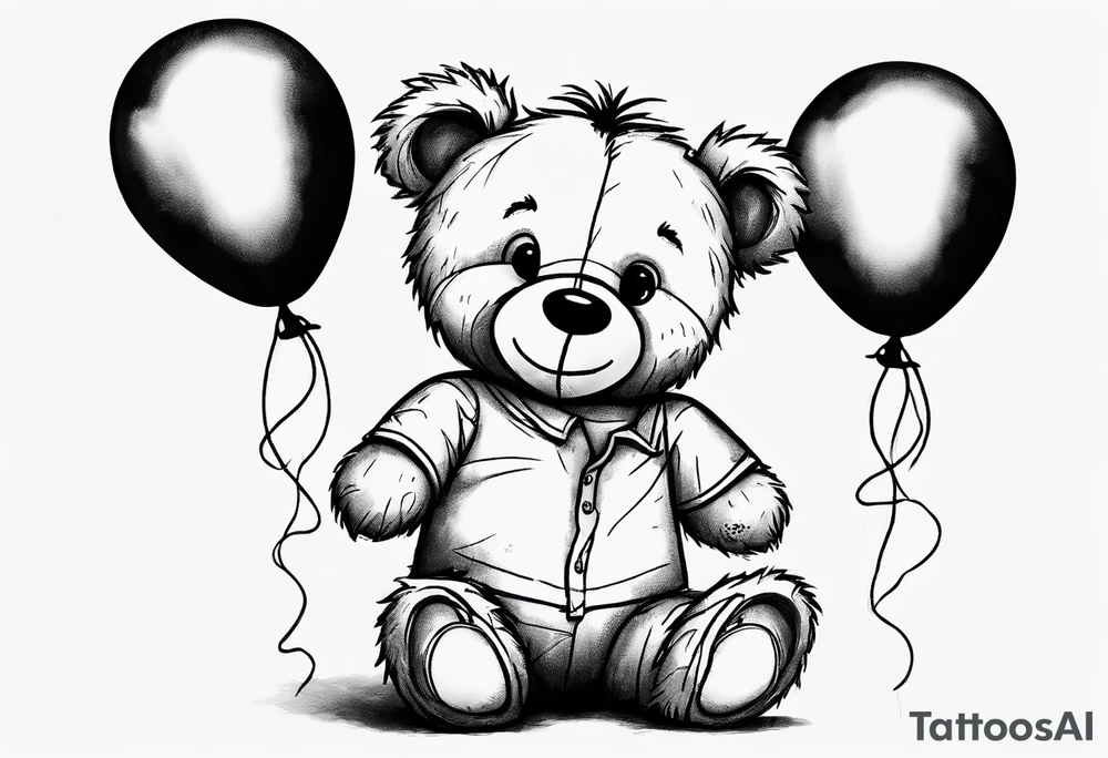Scruffy teddy bear holding on to balloons and wearing a T-shirt saying ‘dream’ , going up to the sky tattoo idea