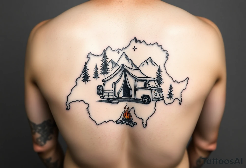 Simplistic, black and white tattoo, the whole tattoo must be inside the contour of the Switzerland map. A little camping tent, a VW Caddy on the side, a little fire, in the woods, surrounded by alps and a couple pine trees. tattoo idea