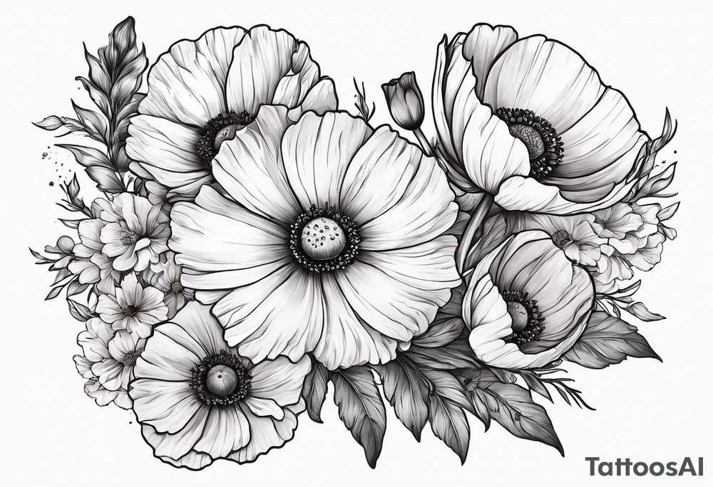 Cosmos's and  Poppy’s Bouquet tattoo idea