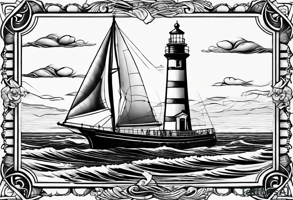 maritime lighthouse in a front view sailboat serving as a mast for a sail. tattoo idea