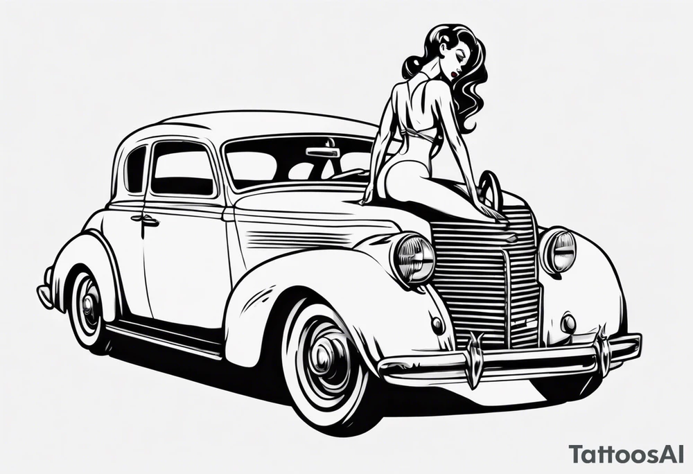 pinup doll on the hood of a classic vintage car tattoo idea