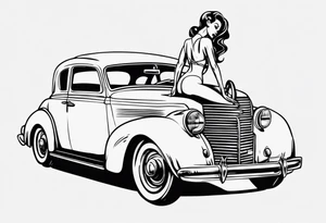 pinup doll on the hood of a classic vintage car tattoo idea