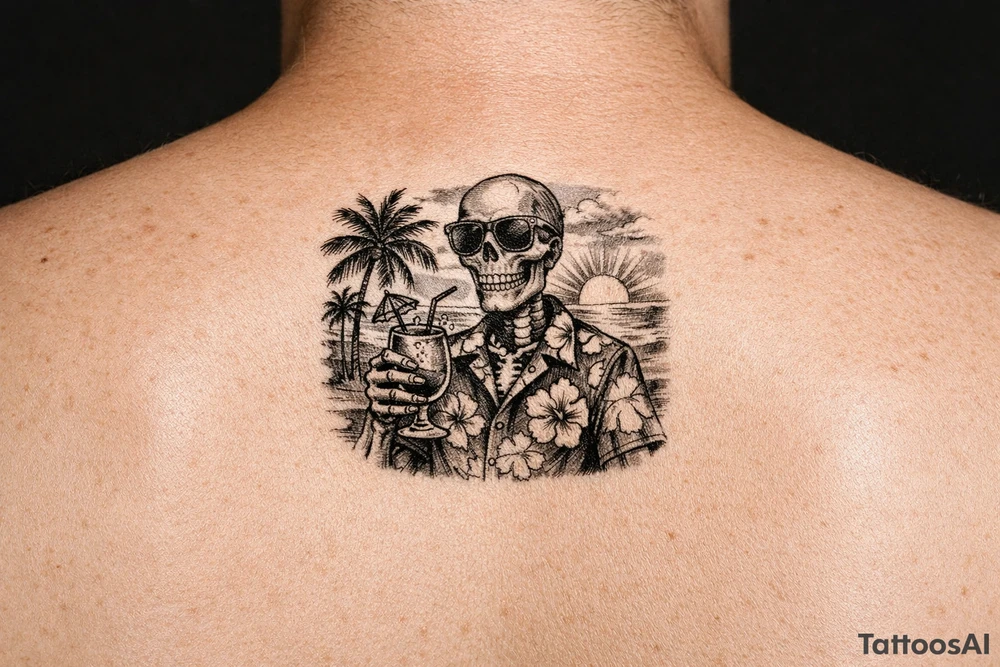 Skeleton in Hawaiian shirt and sunglasses holding a cocktail on a beach with palm trees and a setting sun. tattoo idea