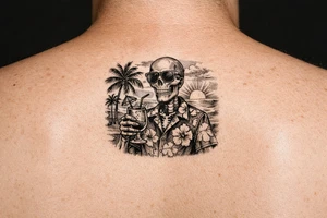 Skeleton in Hawaiian shirt and sunglasses holding a cocktail on a beach with palm trees and a setting sun. tattoo idea