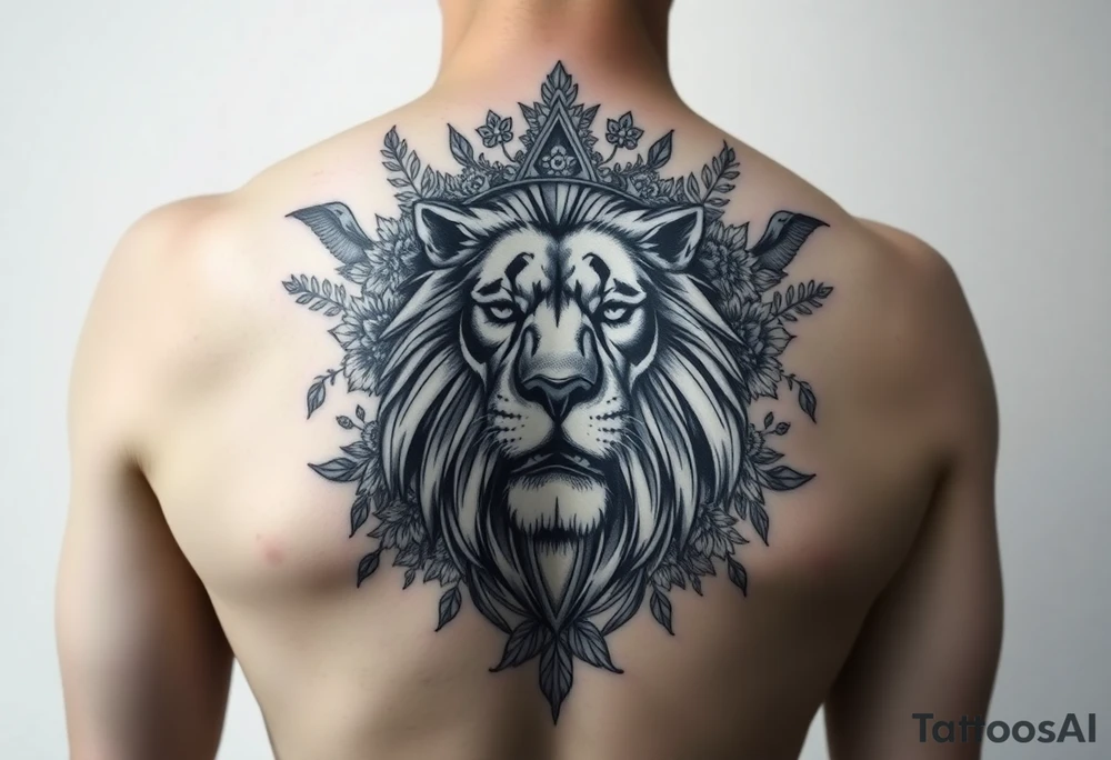 powerful majestic lion with a crown, surrounded by floral ornaments and birds tattoo idea