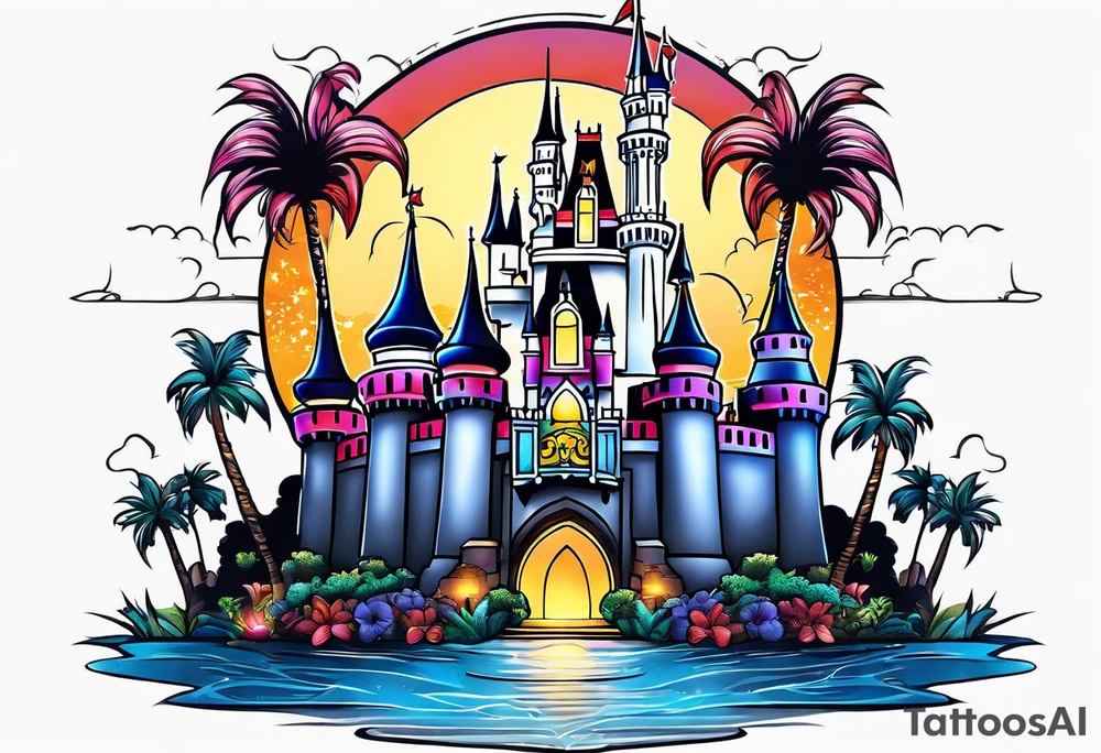 disney castle with a lightning storm palm trees and a mickey mouse tattoo idea