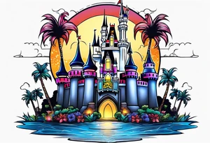 disney castle with a lightning storm palm trees and a mickey mouse tattoo idea