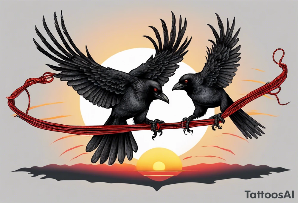 Two black crows flying into the sunset as they carry one long red string between them. tattoo idea