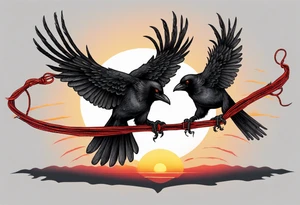 Two black crows flying into the sunset as they carry one long red string between them. tattoo idea