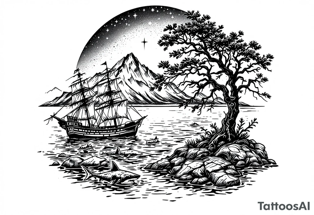 tattoo that has an acacia tree with mountains, ocean with a ship wreck with sharks and the northern star tattoo idea